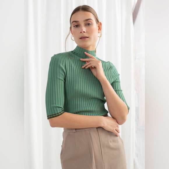 & Other Stories Tops - & Other Stories Green Ribbed Mock Neck Top